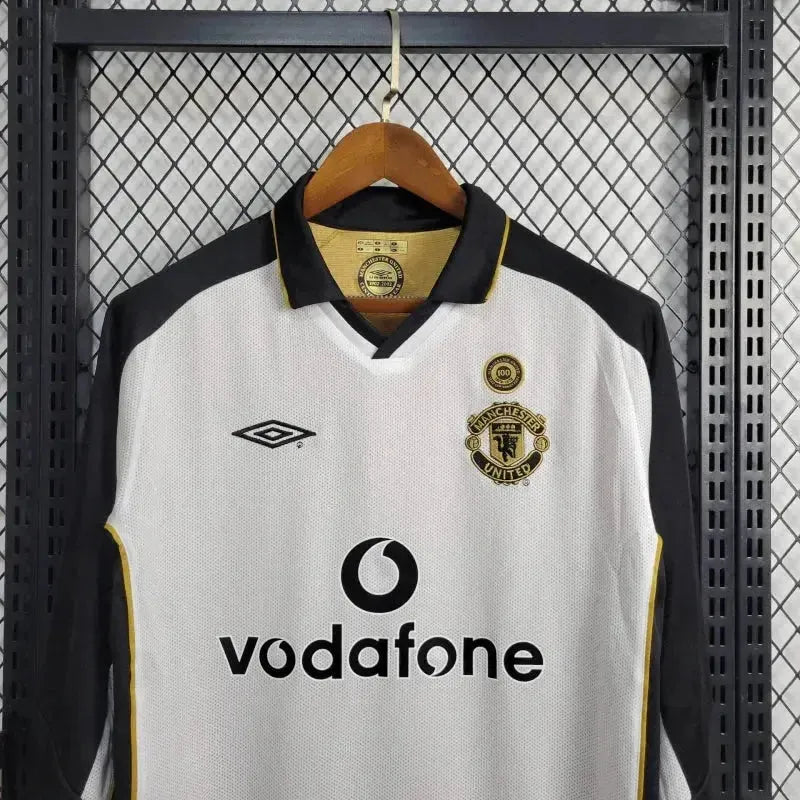 Camisa Manchester United Edição 100 Anos Retrô 2001/02 - Torcedor Masculina Branco, Preto e Dourado Manga Longa - Dupla Face - Netmantos